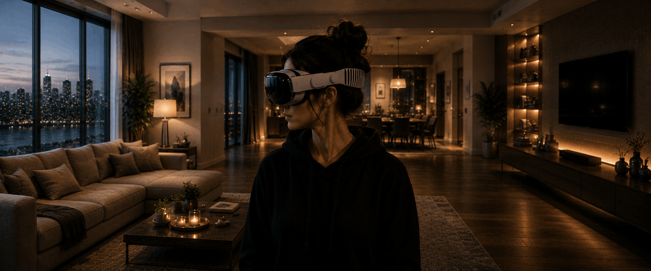 A viewer enjoying TV-Box with Apple Vision Pro in a living room